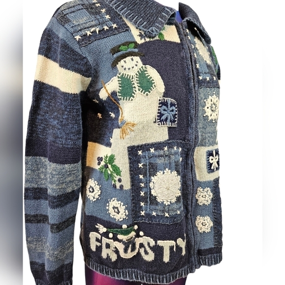 Tiara International Christmas Front Zip Sweater Snowman Patchwork Size Small - Picture 3 of 10